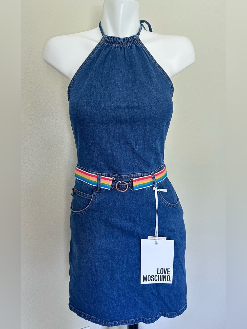 Love Moschino Blue Denim Halter Mini Dress with Rainbow Stripe Belt